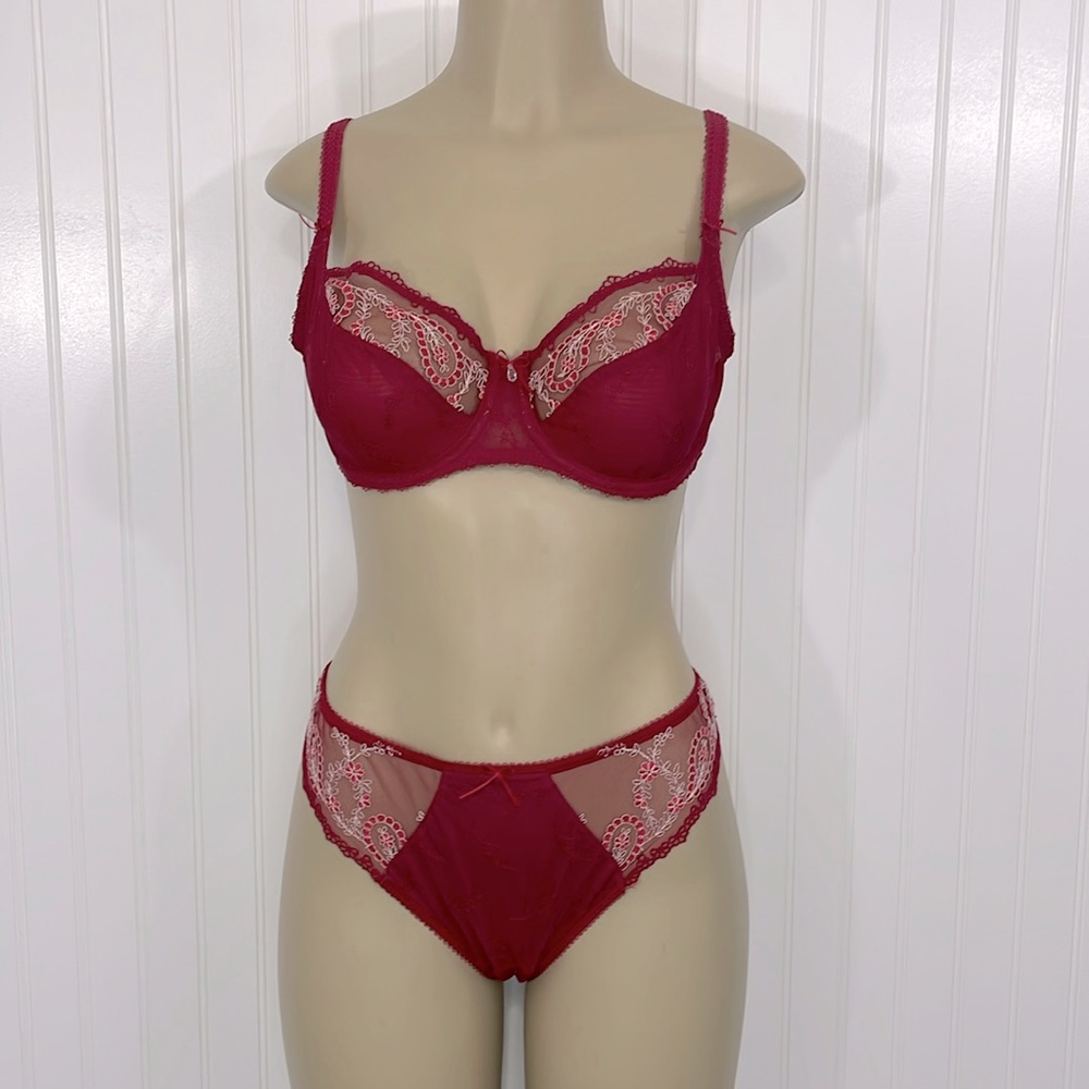 Fantasie Deep Red Floral Paisley Bra & Thong Lingerie Set Underwire 32DD Medium